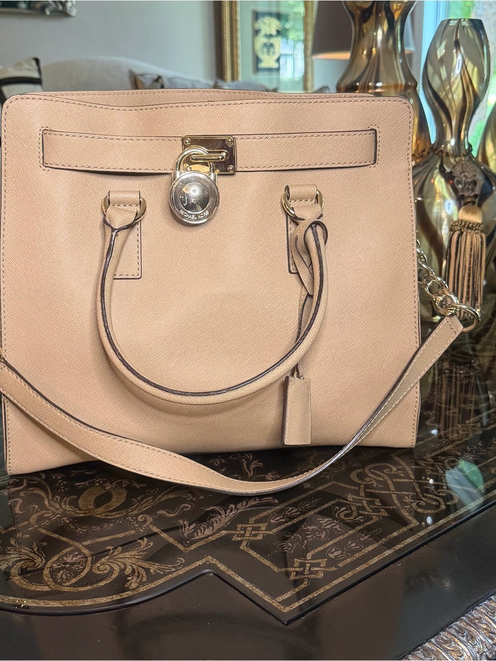 Michael Kors Blush Beige Leather Tote with Gold Lock